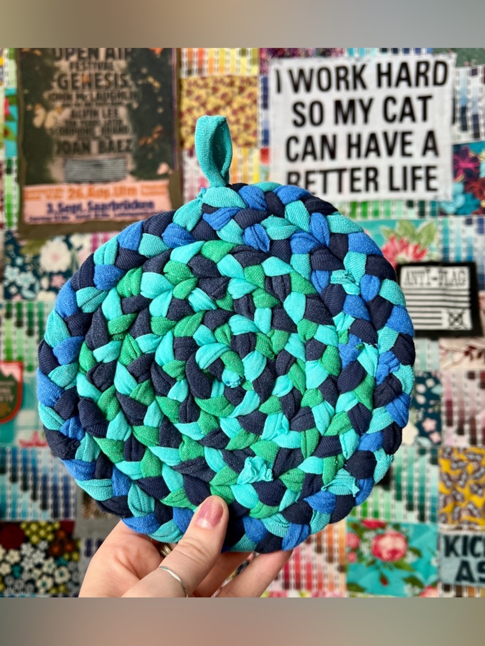 Braided Trivet Potholder - Green Peach Watercolor